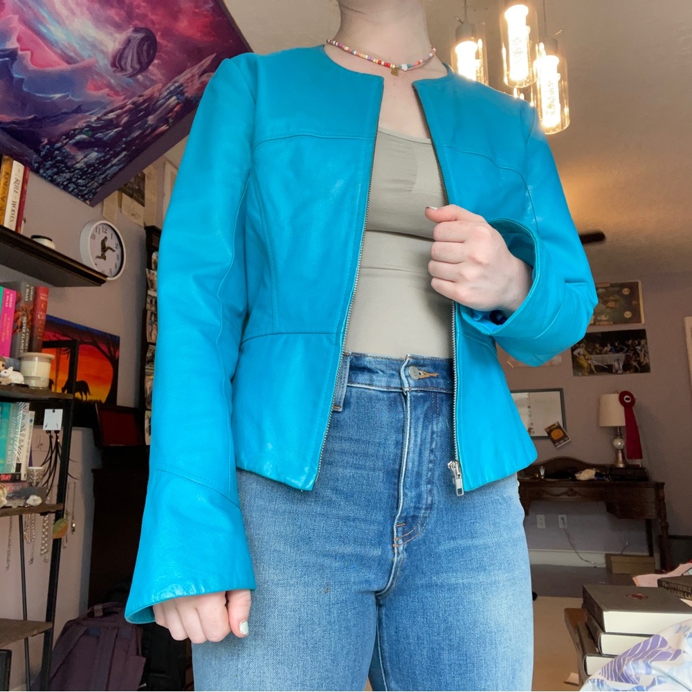 Genuine leather jacket with bell sleeves
